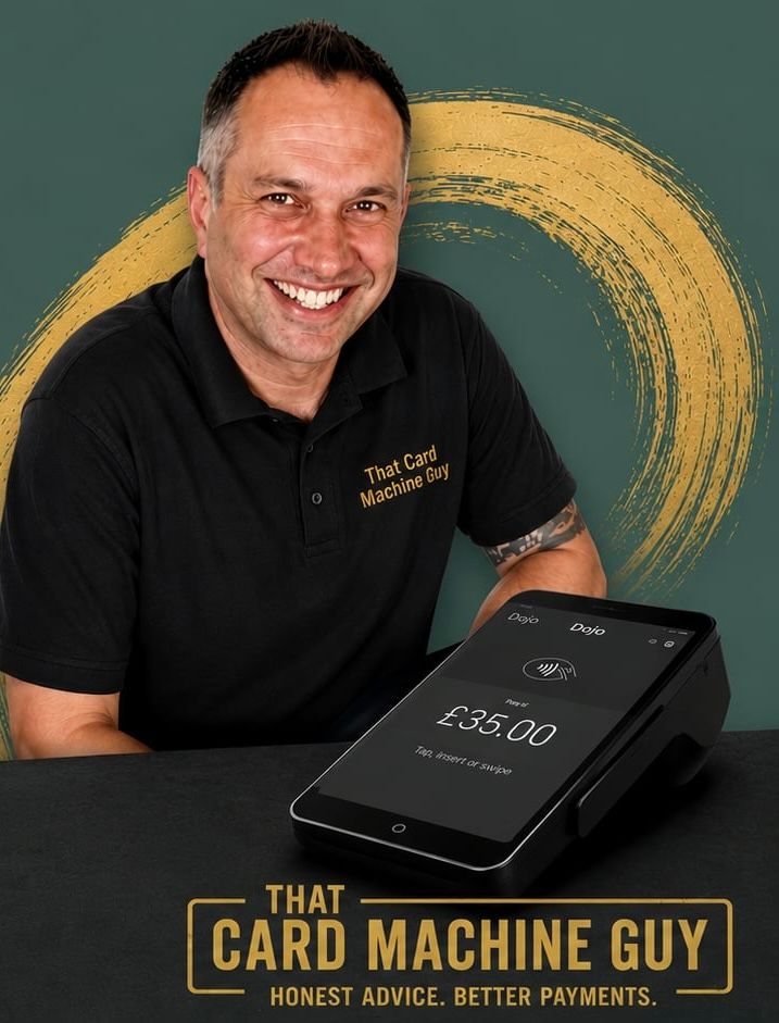 Ben Buey wearing a That Card Machine Guy polo beside a Dojo card terminal